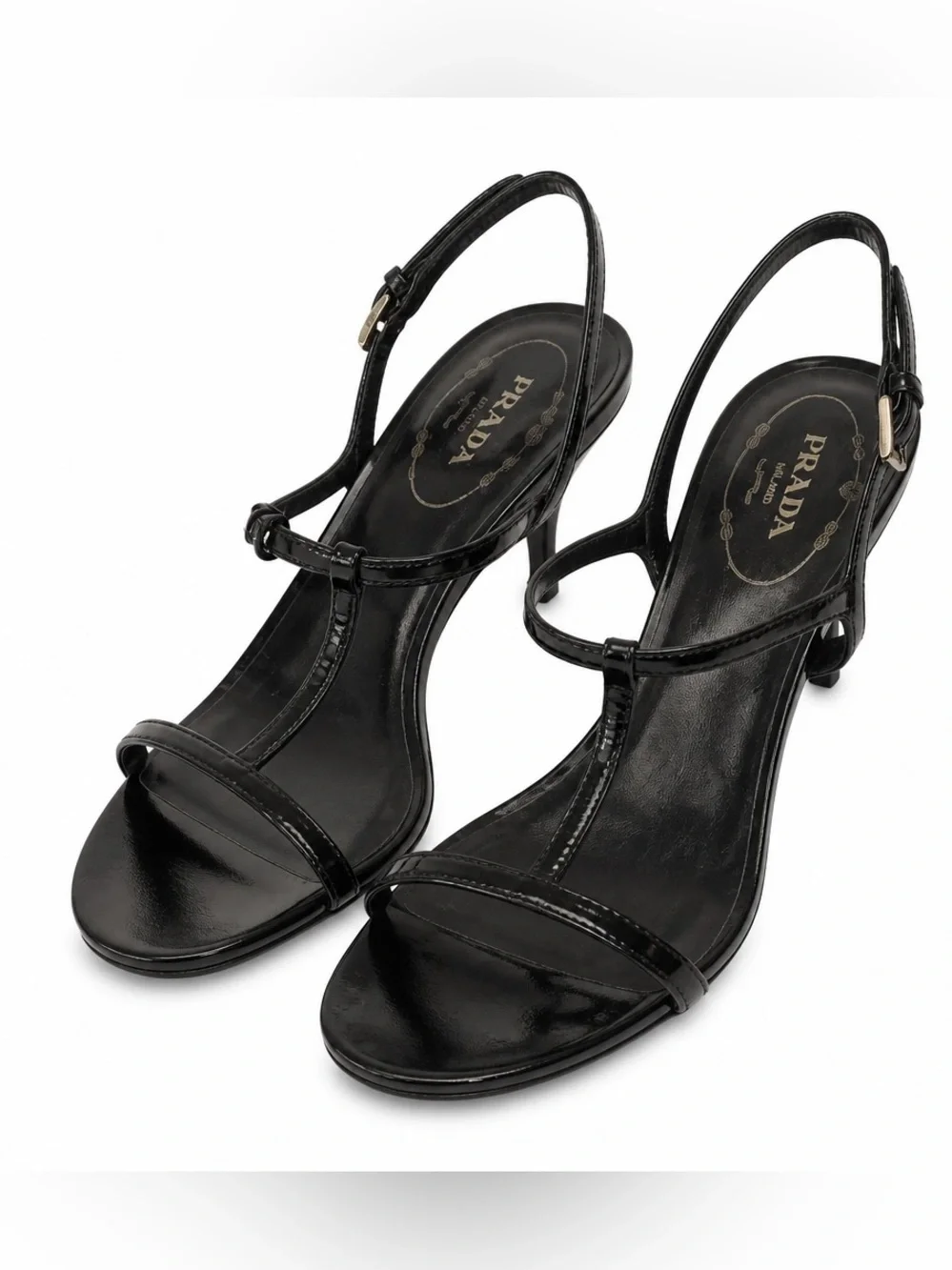 Prada T- Strap Sandals Black Patent Leather EU 38.5 US 8.5 Open Toe Heels Pumps